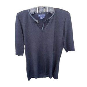 MAG By Magaschoni Women Top Black Short Sleeve S Pullover Stretch Knit v neck